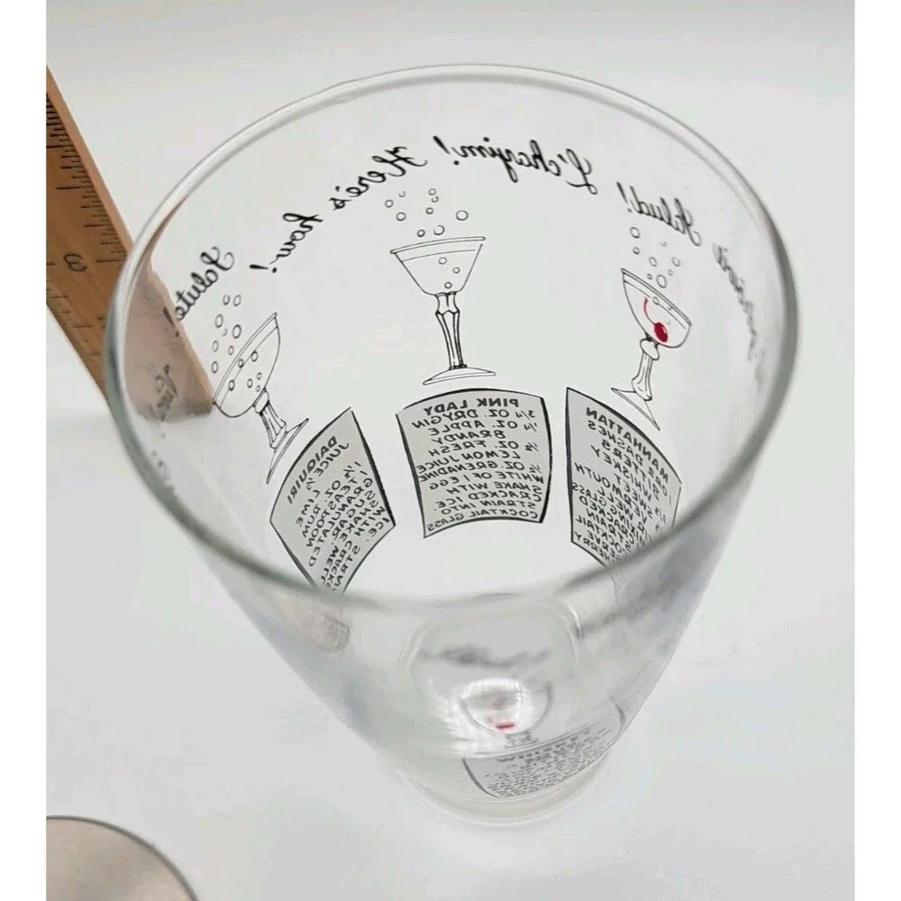 Vtg MCM XLarge 32-Oz Glass Cocktail Shaker Recipes 2 Lids Martini Daiquiri